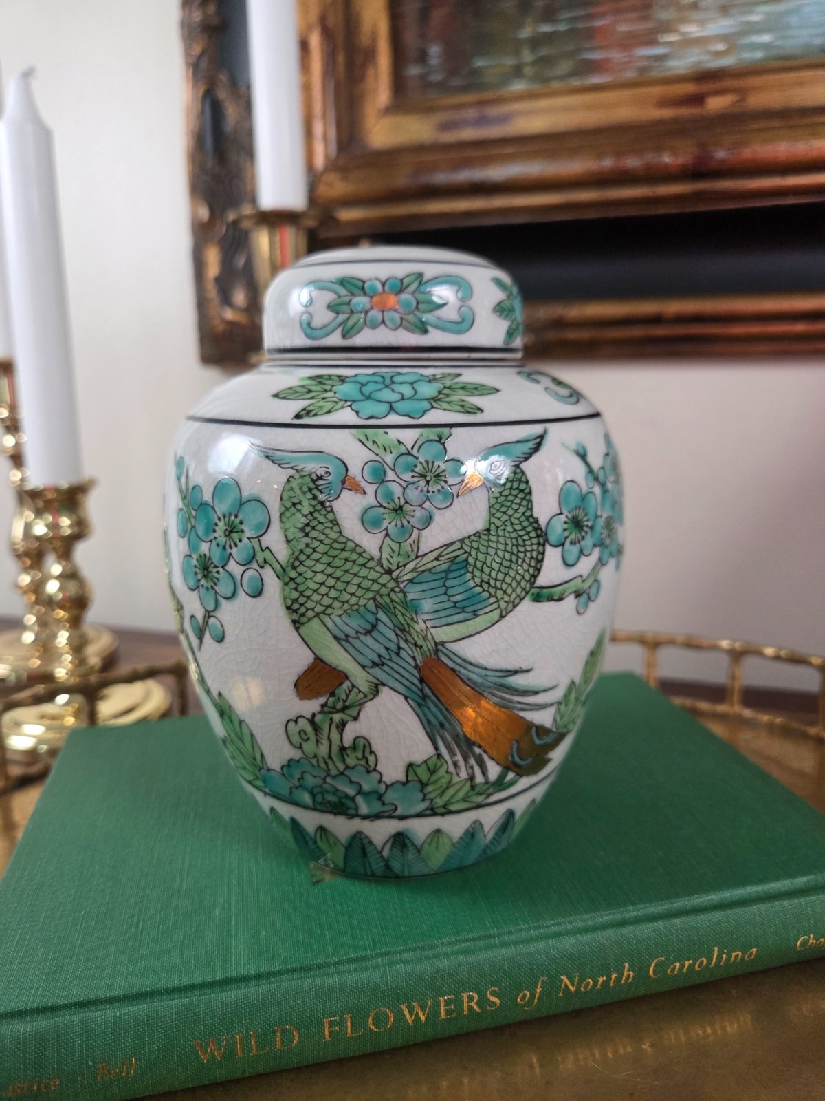 Vintage Japanese Imari Ginger Jar w/ Lid Handpainted Peacock Gold and Green