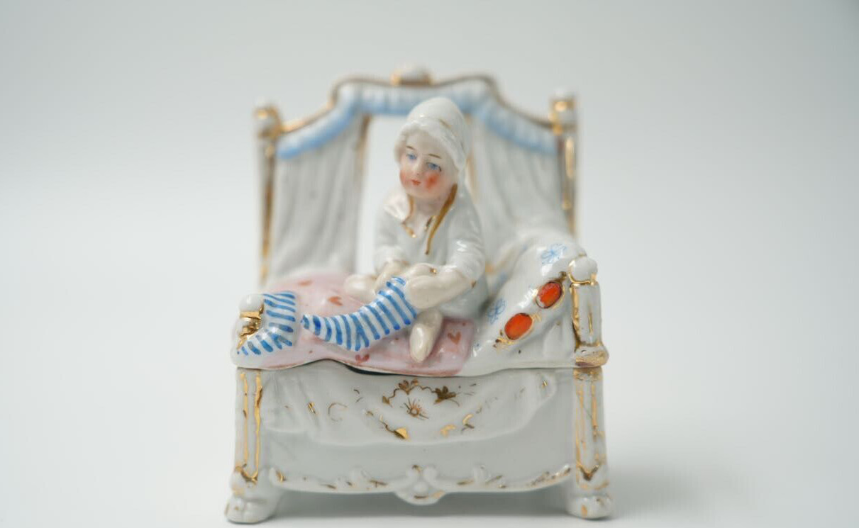 Antique Victorian Porcelain Trinket Box German Child W/ Socks