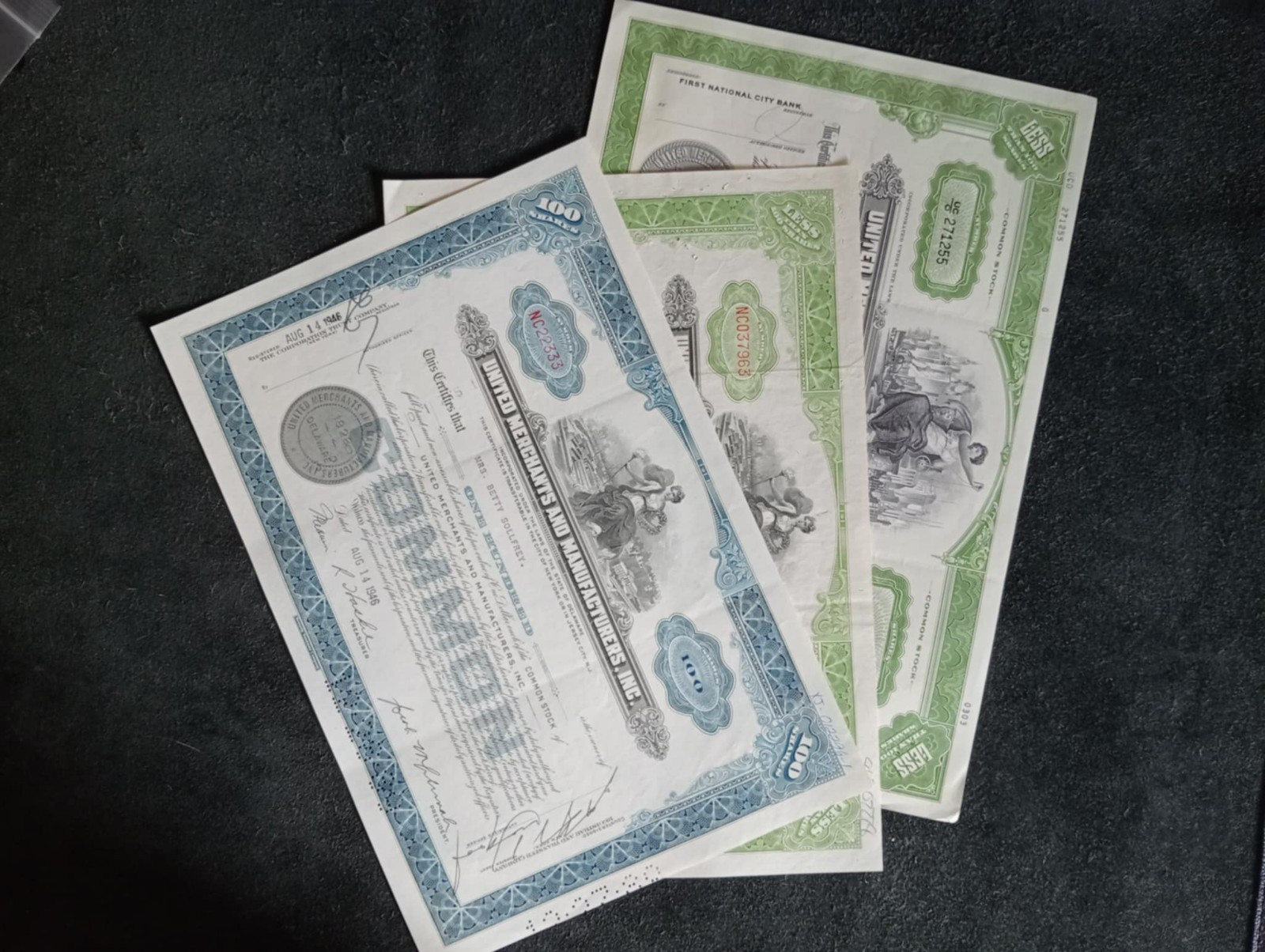 1946-1948 + 1975 United Merchants and Manufacturers, Inc. Stock Certificates x3