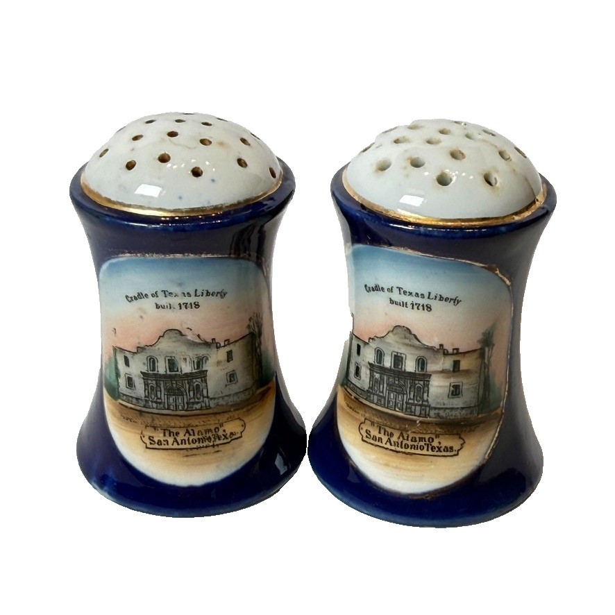 SAN ANTONIO The Alamo TX TEXAS ANTIQUE Souvenir China COBALT TRINKET SHAKERS SAN ANTONIO The Alamo TX TEXAS ANTIQUE Souvenir China COBALT TRINKET SHAKERS