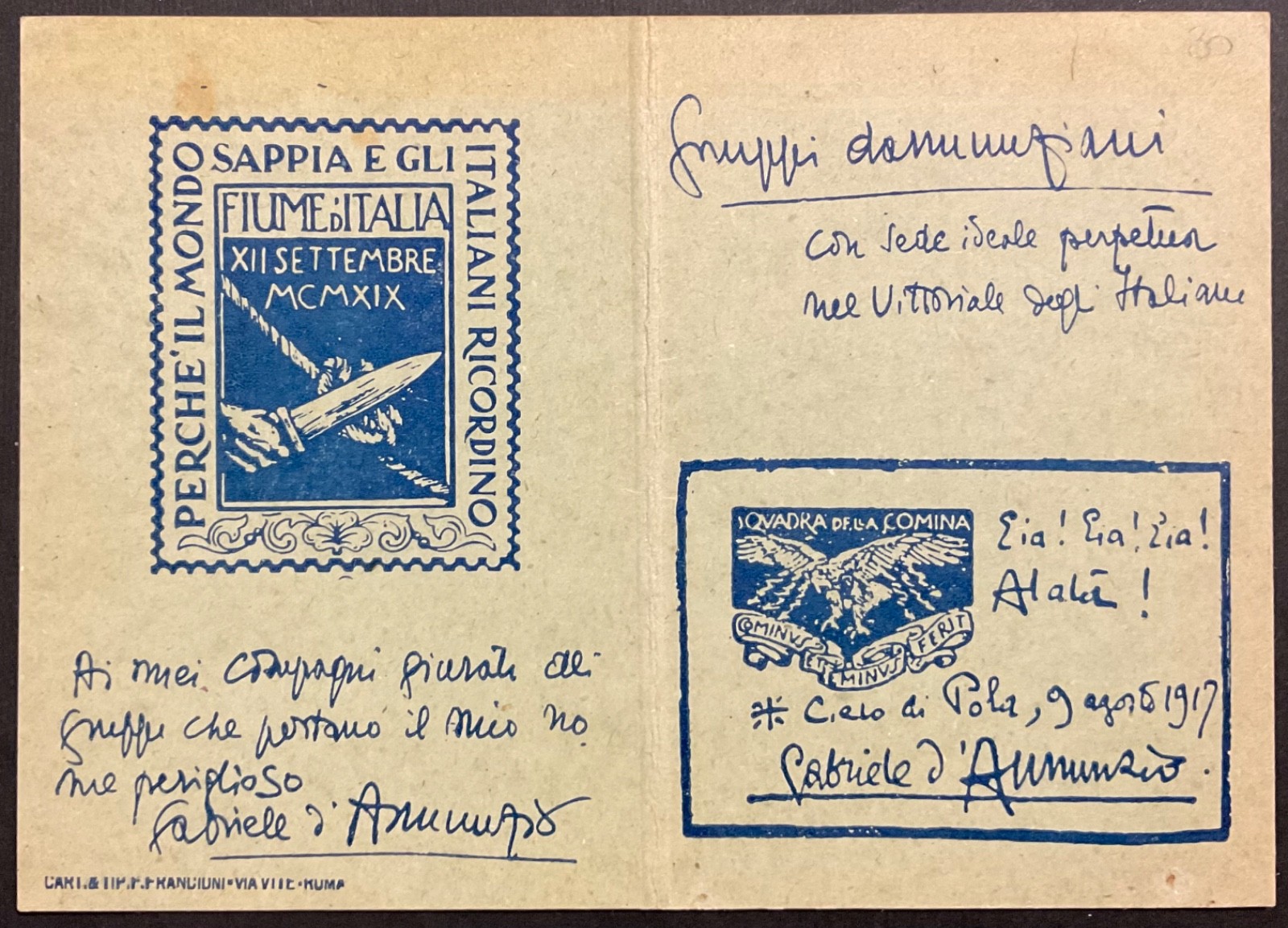 D’ANNUNZIO FIUME D’ITALIA EIA EIA ALALA’ DANNUNZIAN GROUP CARD YEAR 1953