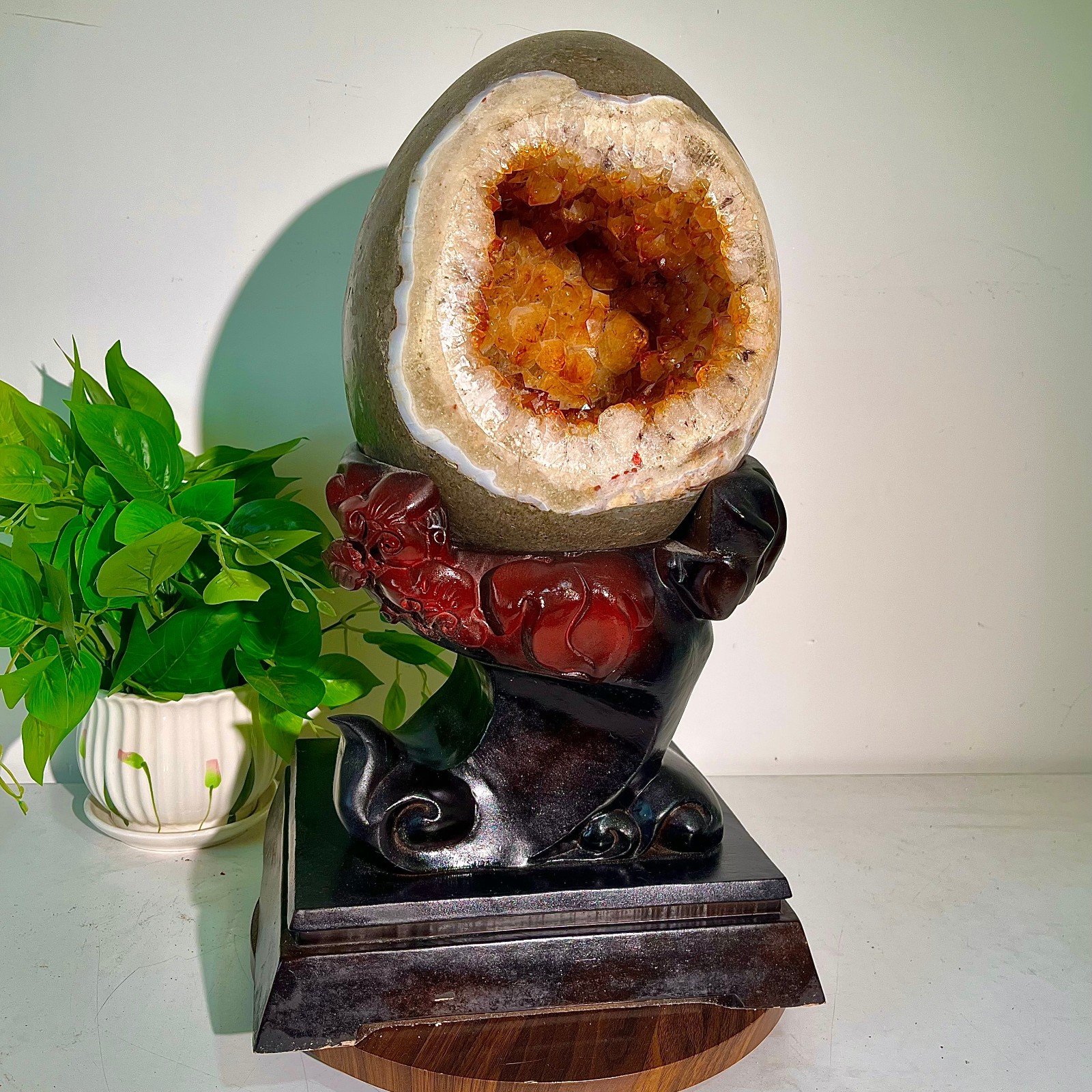 30.42LB High quality rare yellow crystal dragon egg cave crystal decoration+base