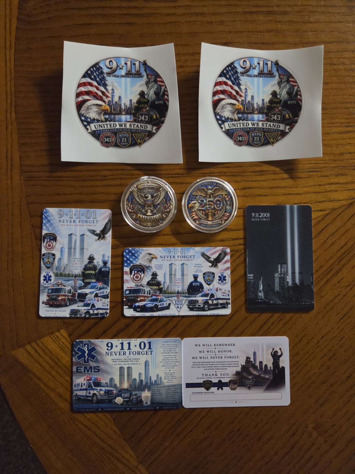 Lot of 9/11 and 250TH yr Memorial PVC - Cards and UV Transfer Decals / Coins 