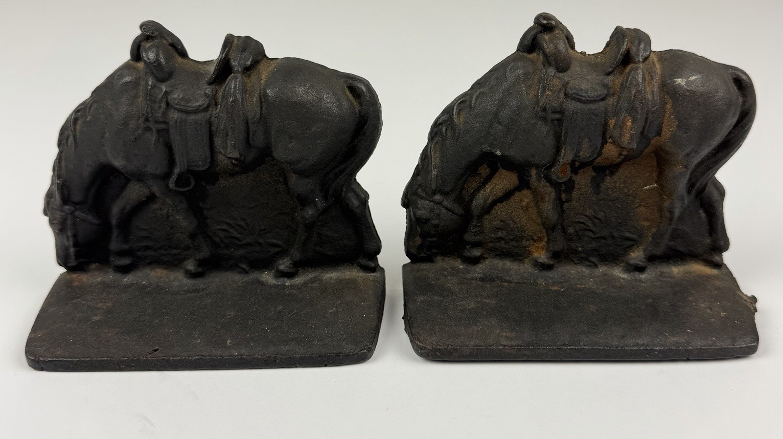 Vtg. Cast Iron Rustic Heavy Grazing Cowboy Western Horse Bookends