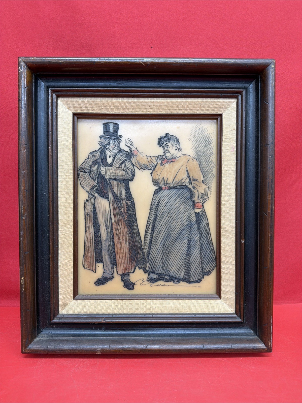 Antique Style Framed Victorian Couple Art Celluloid / Ivorine Look Panel