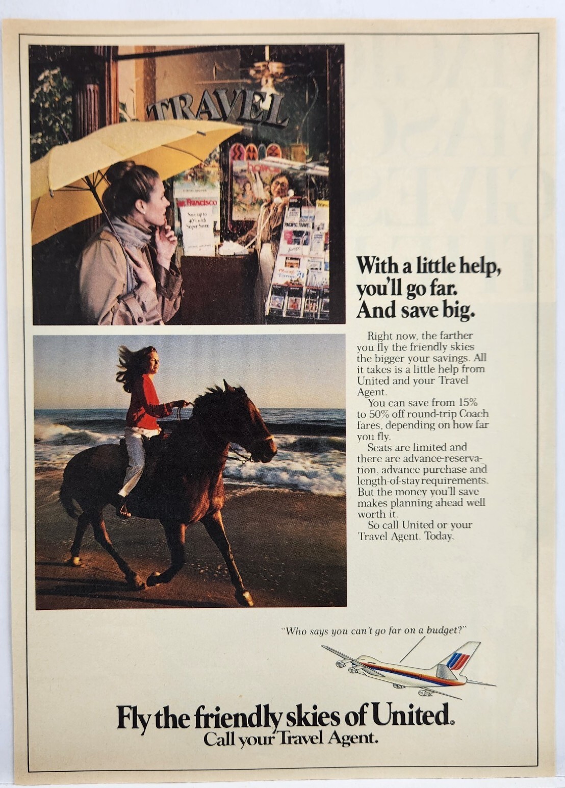 1979 United Airlines Horse On Beach Fly The Friendly Skies Original Print Ad 70s