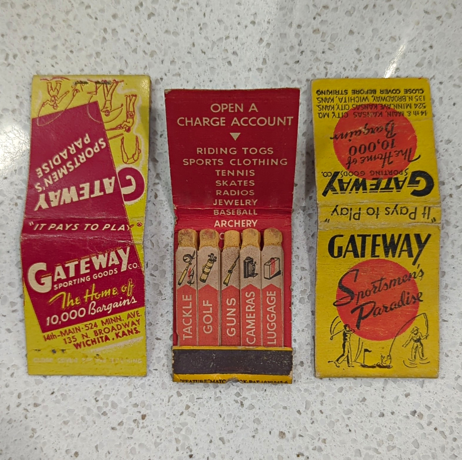 Vintage Gateway Sporting Goods Co. Feature Matchbooks Wichita Kansas City
