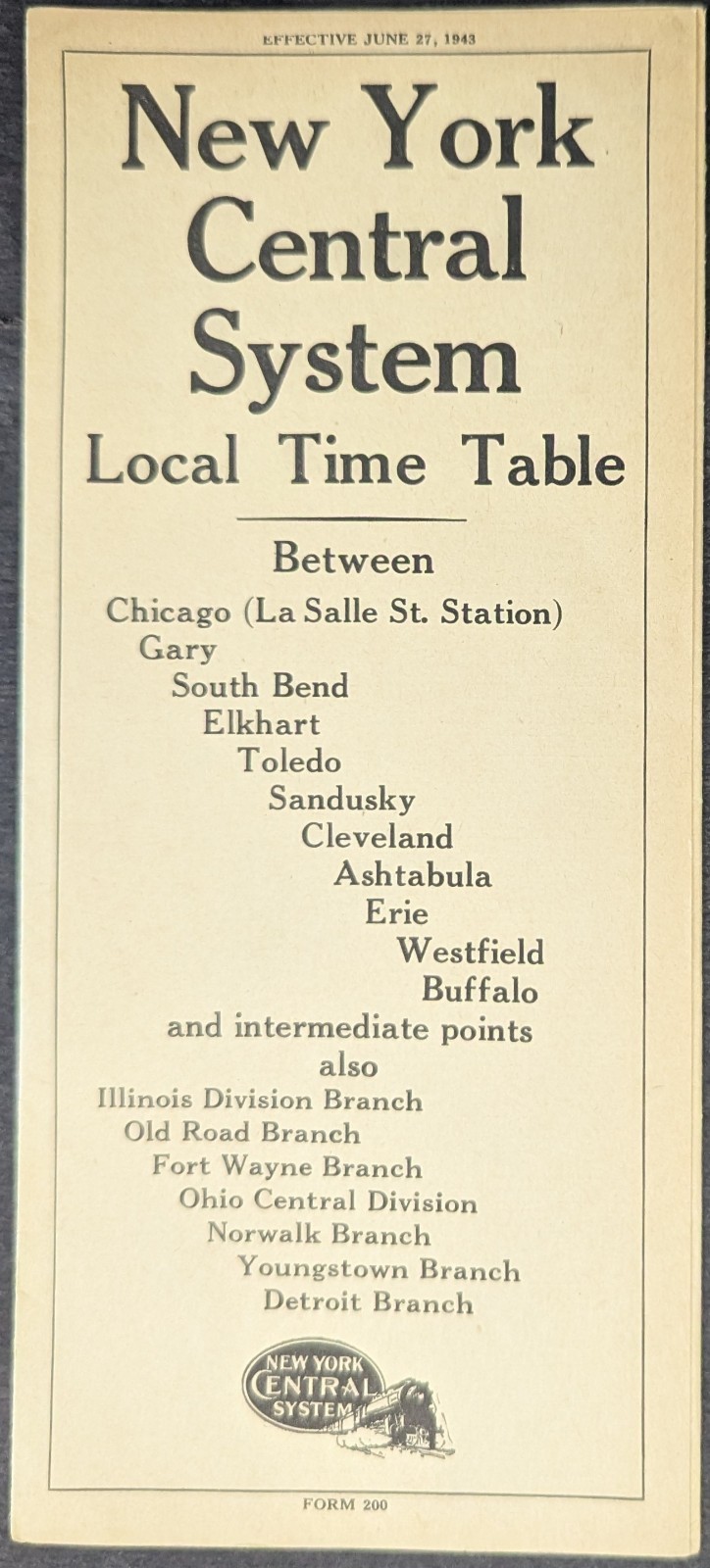 ***VINTAGE 1943 NEW YORK CENTRAL RAILROAD SYSTEM LOCAL TIME TABLE***