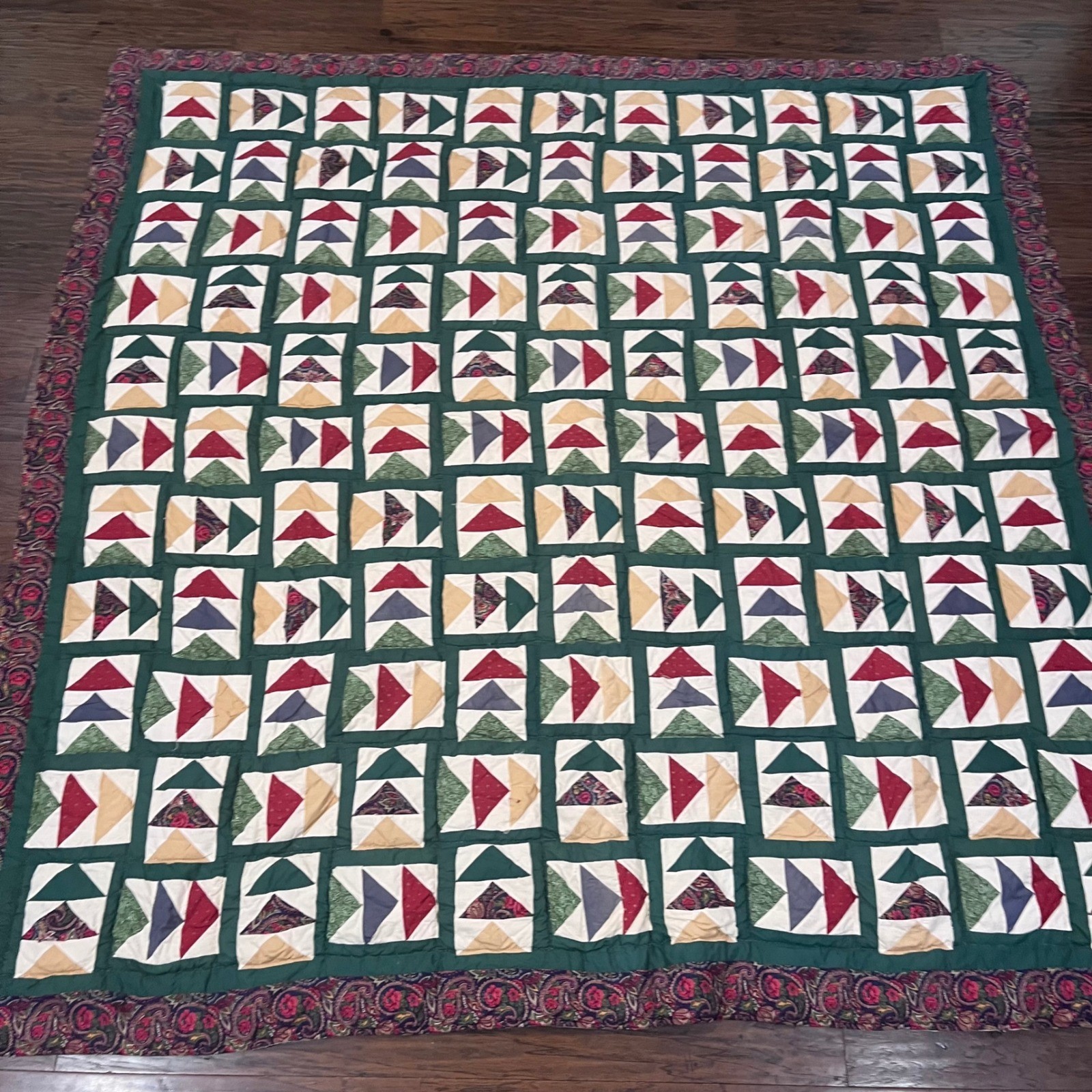 Vtg Flying Geese Patchwork Quilt Handmade Green Paisley Floral 82x84 Farmhouse