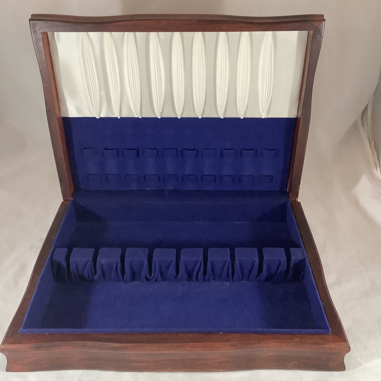 Vintage 15” Wooden Silverware Flatware Blue Interior Chest Storage Box Case