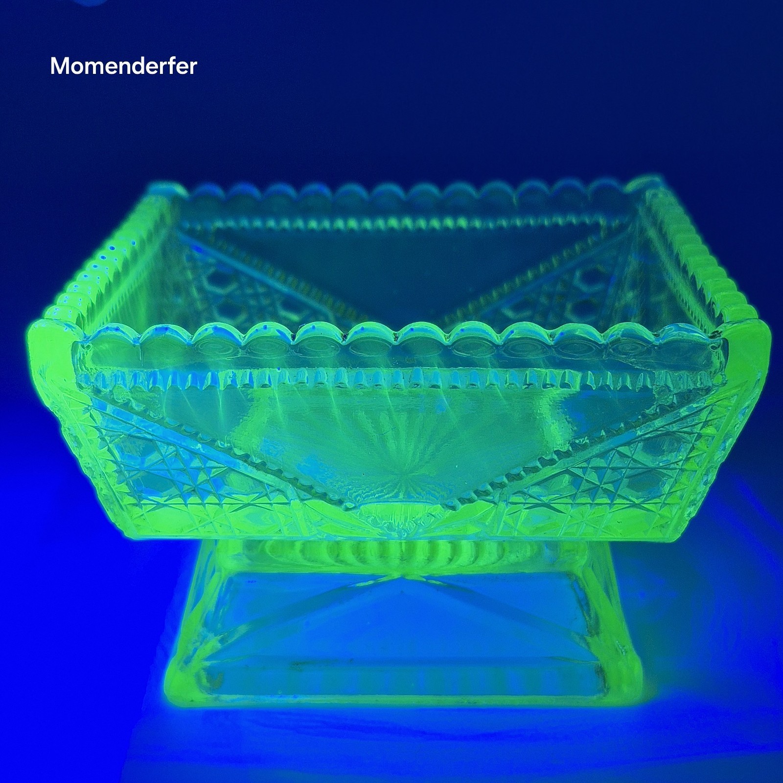 Vintage Vaseline Uranium Glass Square Pedestal Master Salt Dip Glows Under UV