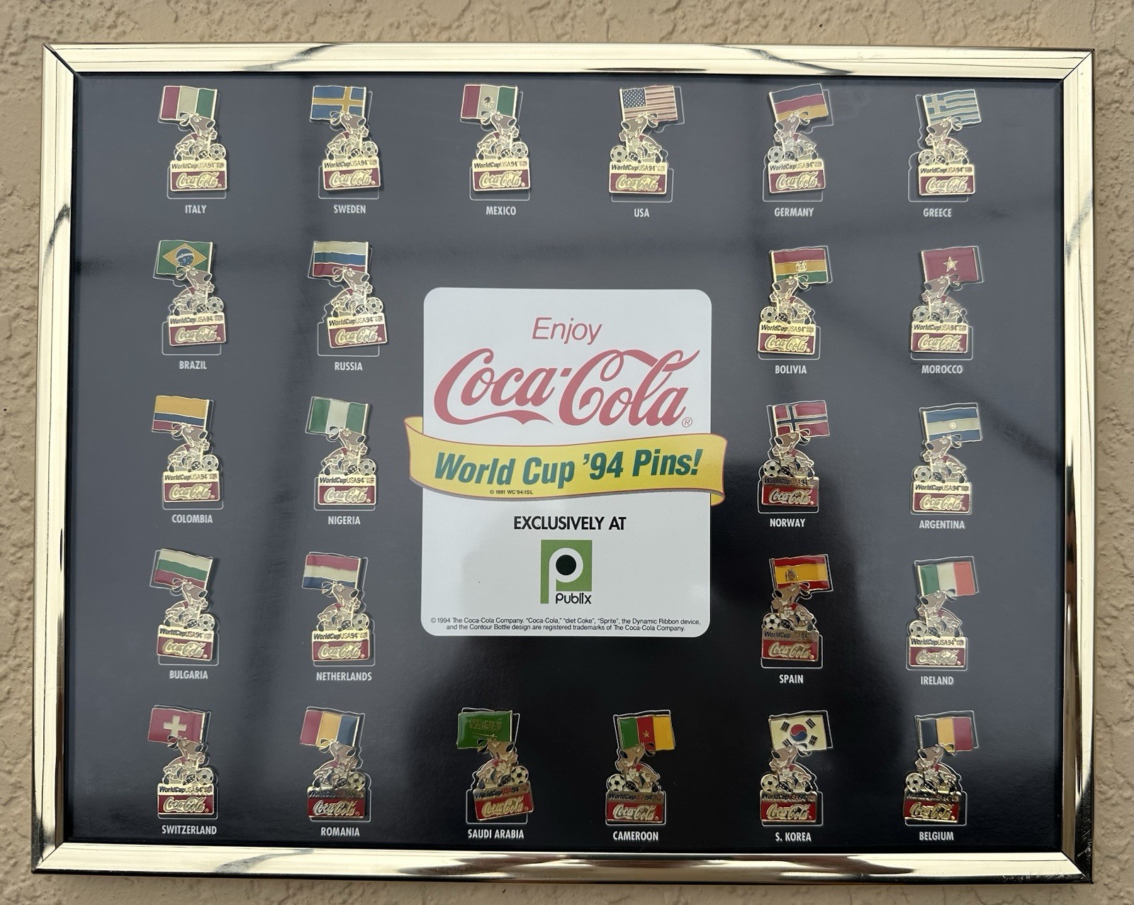 Publix 1994 Fifa World Cup Pins Complete Set 24 Striker Mascot Flag Framed VGC