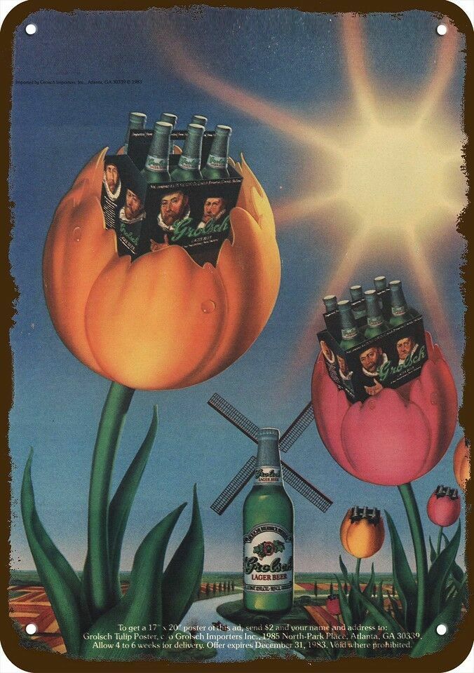 1984 GROLSCH LAGER BEER Tulip Vintage-Look-Edge DECORATIVE REPLICA METAL SIGN