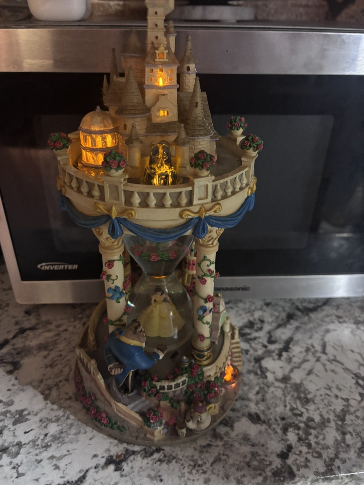 Vintage Beauty and the Beast Castle Hour Glass Snow Globe w/light & music - rare