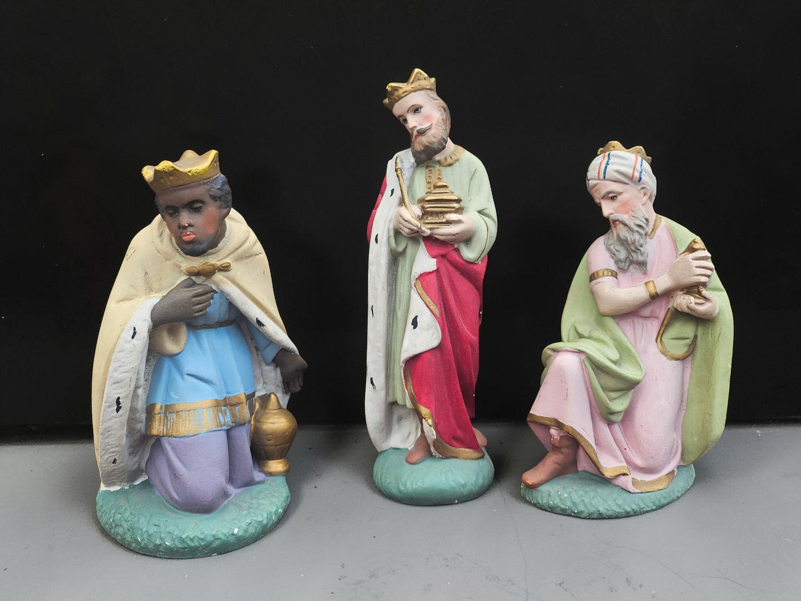 Vintage set 3 kings nativity statue christmas jesus Religious art chalkware