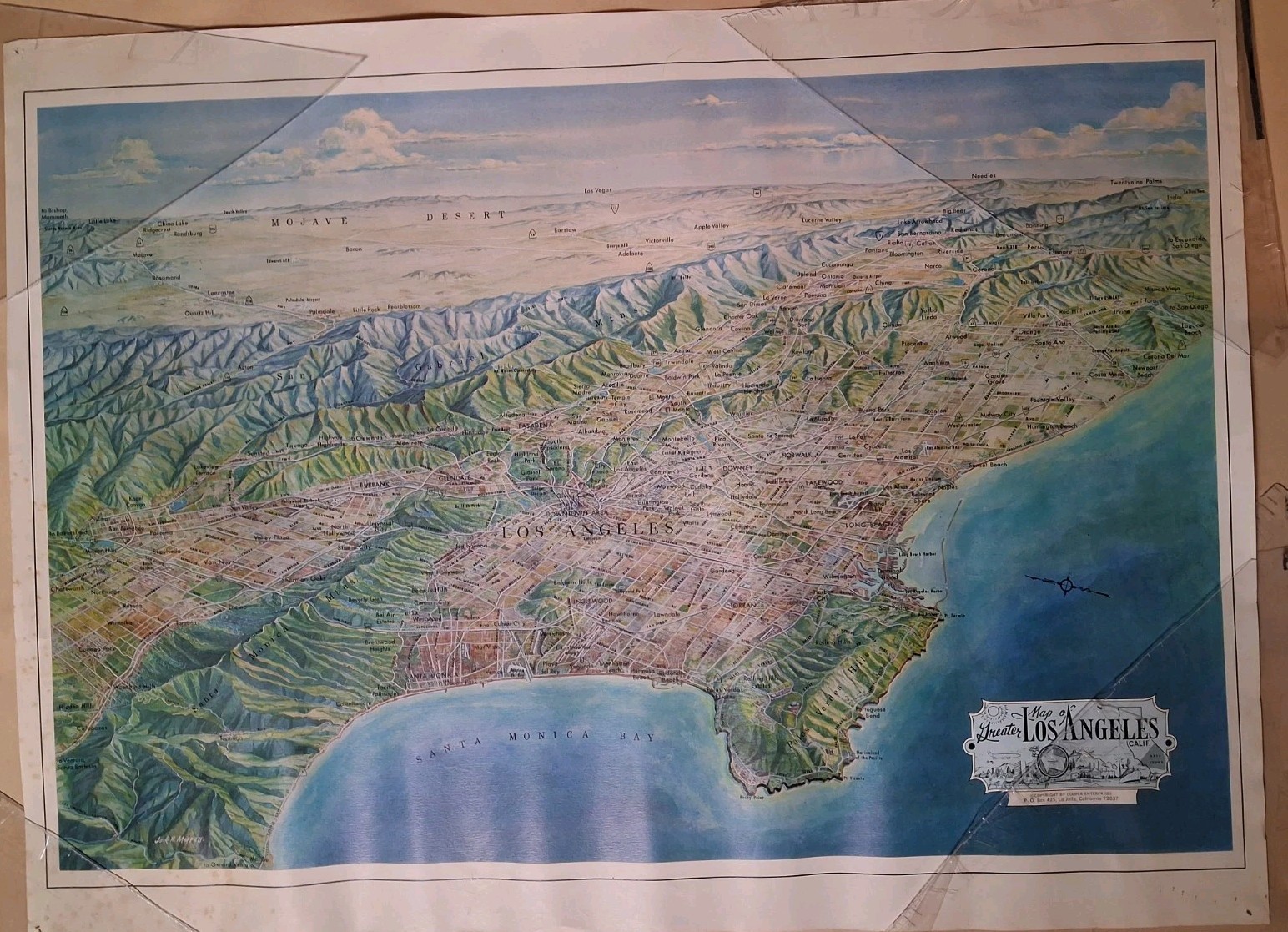 HTF Vtg Greater Los Angeles CA Birdseye Map JACK MOFFETT Death Valley 29x21.5\ HTF Vtg Greater Los Angeles CA Birdseye Map JACK MOFFETT Death Valley 29x21.5\