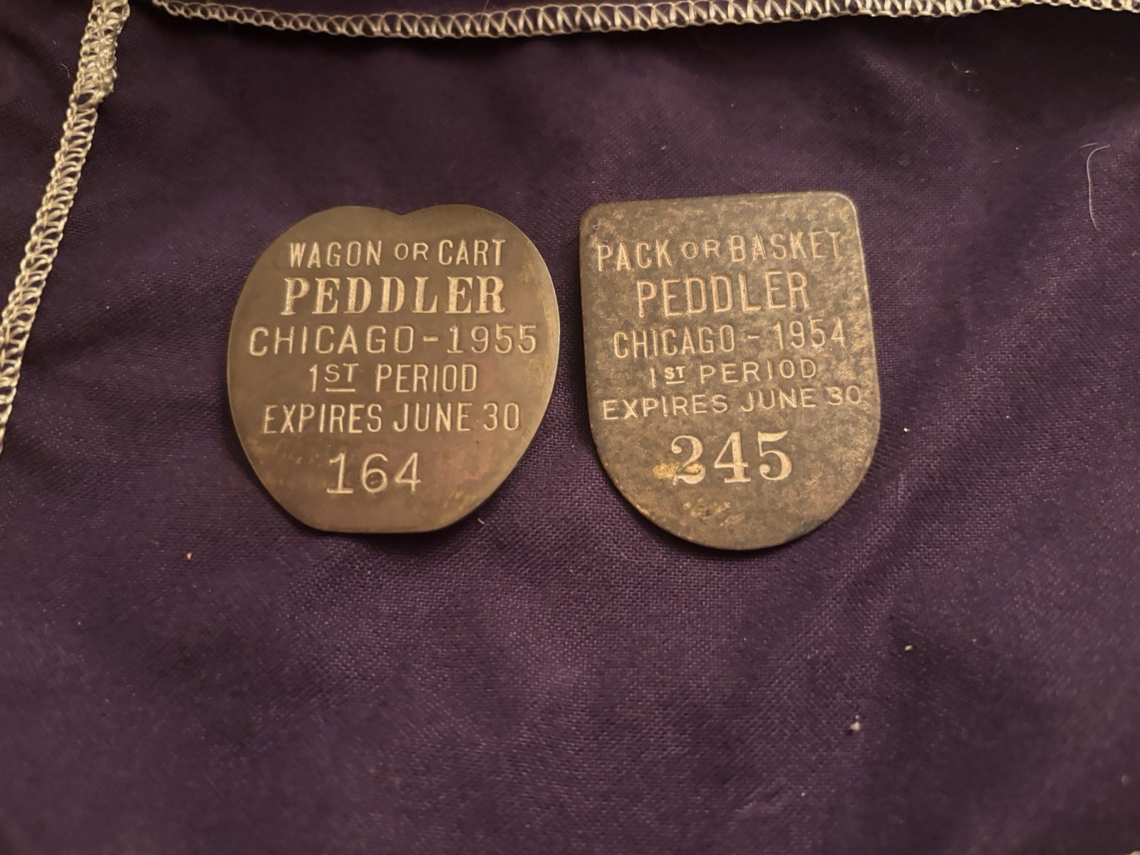Vintage 1954 Chicago Pack Or Basket Peddler Licence Pin Mayor Daley  Lot Of 2