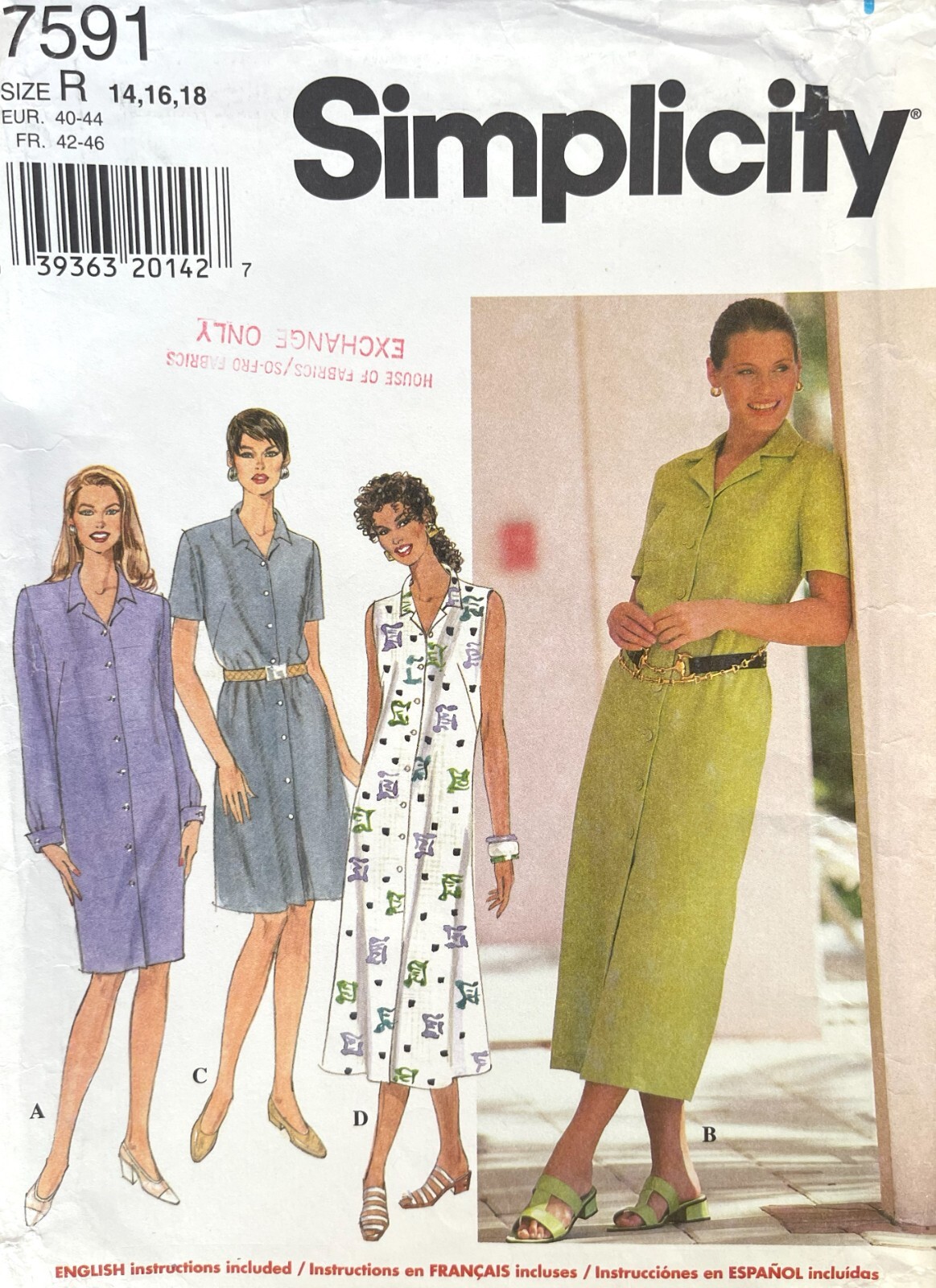 1990\'s Simplicity Misses\' Dress Pattern 7591 Size 14-18 UNCUT