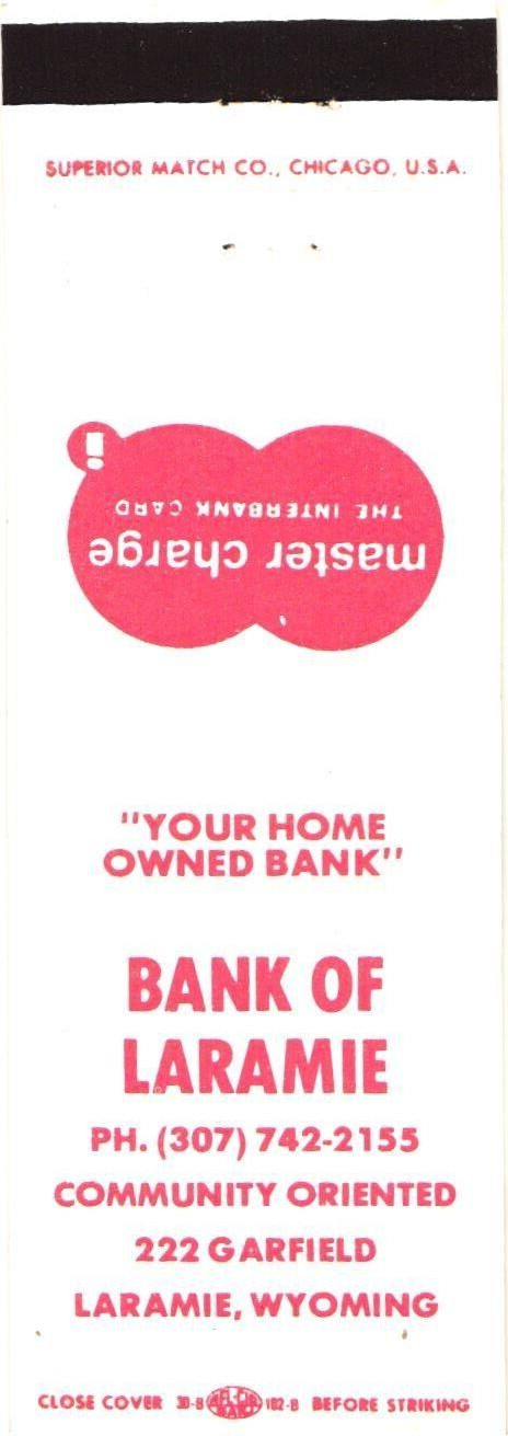 Bank of Laramie Laramie WY Vintage Matchbook 1970s Master Charge Card Bank of Laramie Laramie WY Vintage Matchbook 1970s Master Charge Card