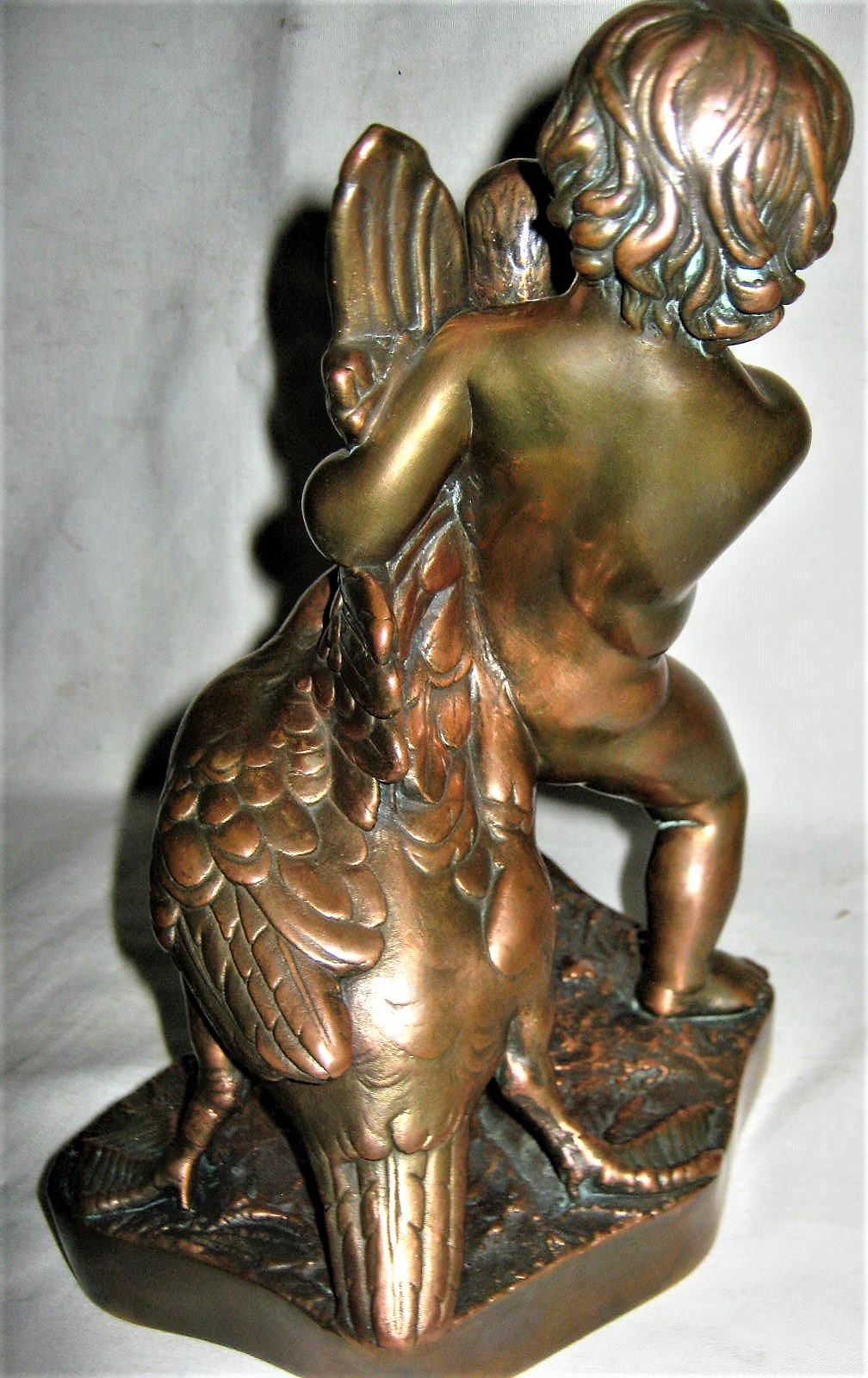 ANTIQUE USA BRONZE CLAD NUDE BOY CHILD BIRD ART STATUE SCULPTURE BOOK BOOKEND 