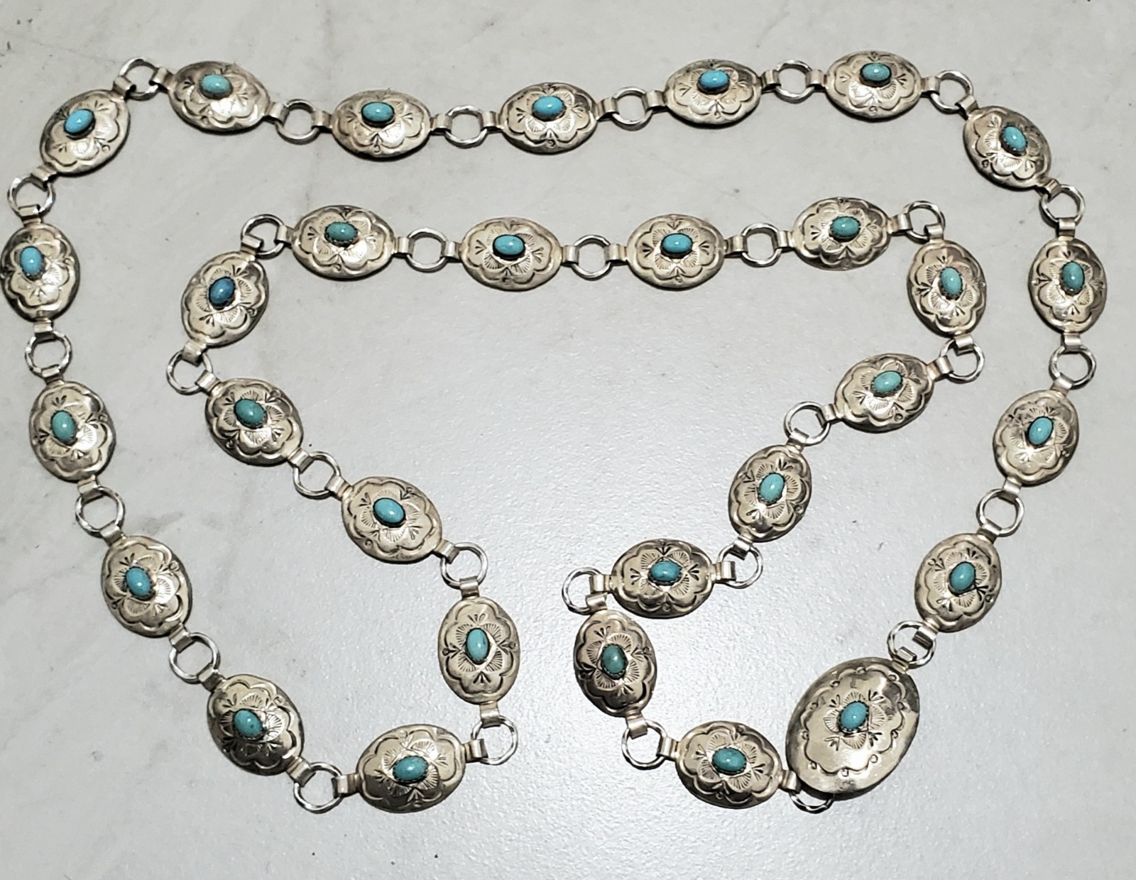 Native American Signed AM Sterling Silver Vintage Concho Belt Turquoise 40