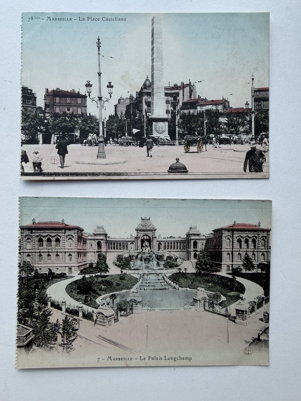 2 Antique Marseille France Postcards Place Castellane Palais Longchamp c1905 F.G