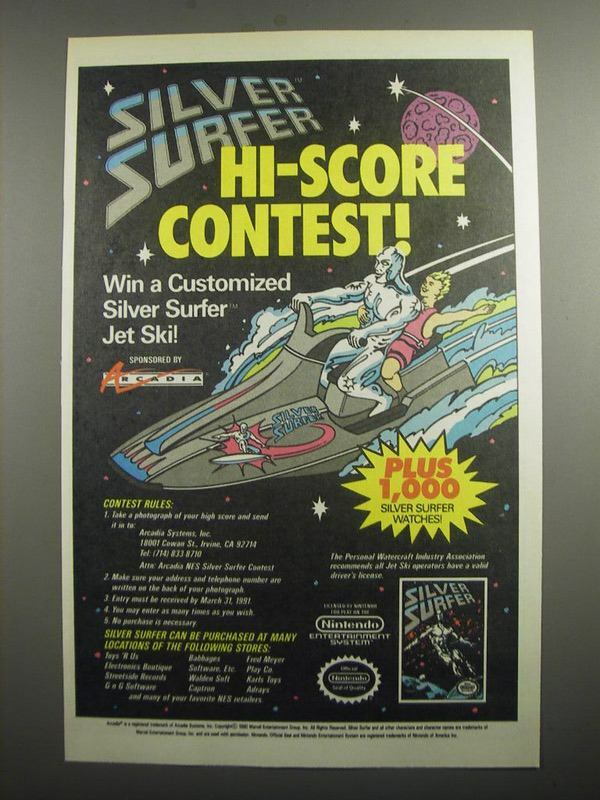 1991 Arcadia Silver Surfer NES Game Ad - Silver Surfer Hi-Score Contest