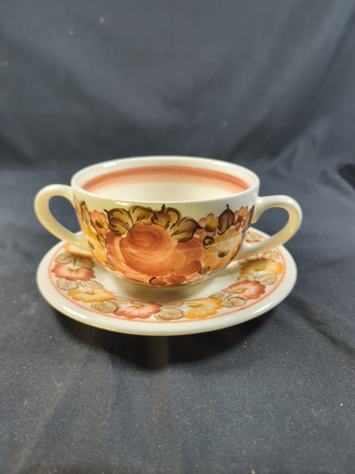 Wioclewek Ceramic Faience Earthware Teacup Saucer Brown Flowers Crazing Poland