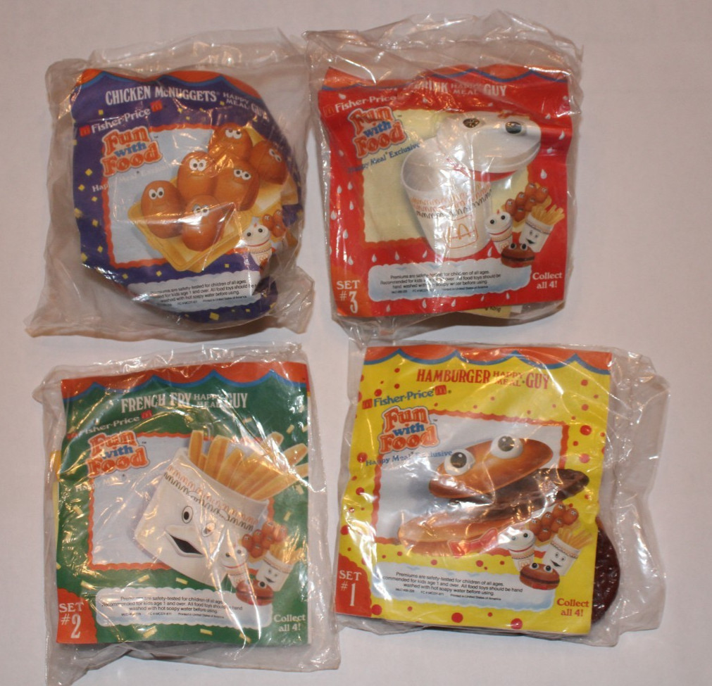 VTG 1988 McDonald\'s Fisher Price FUN WITH FOOD  Happy Meal Toys Set of 4 NOS 