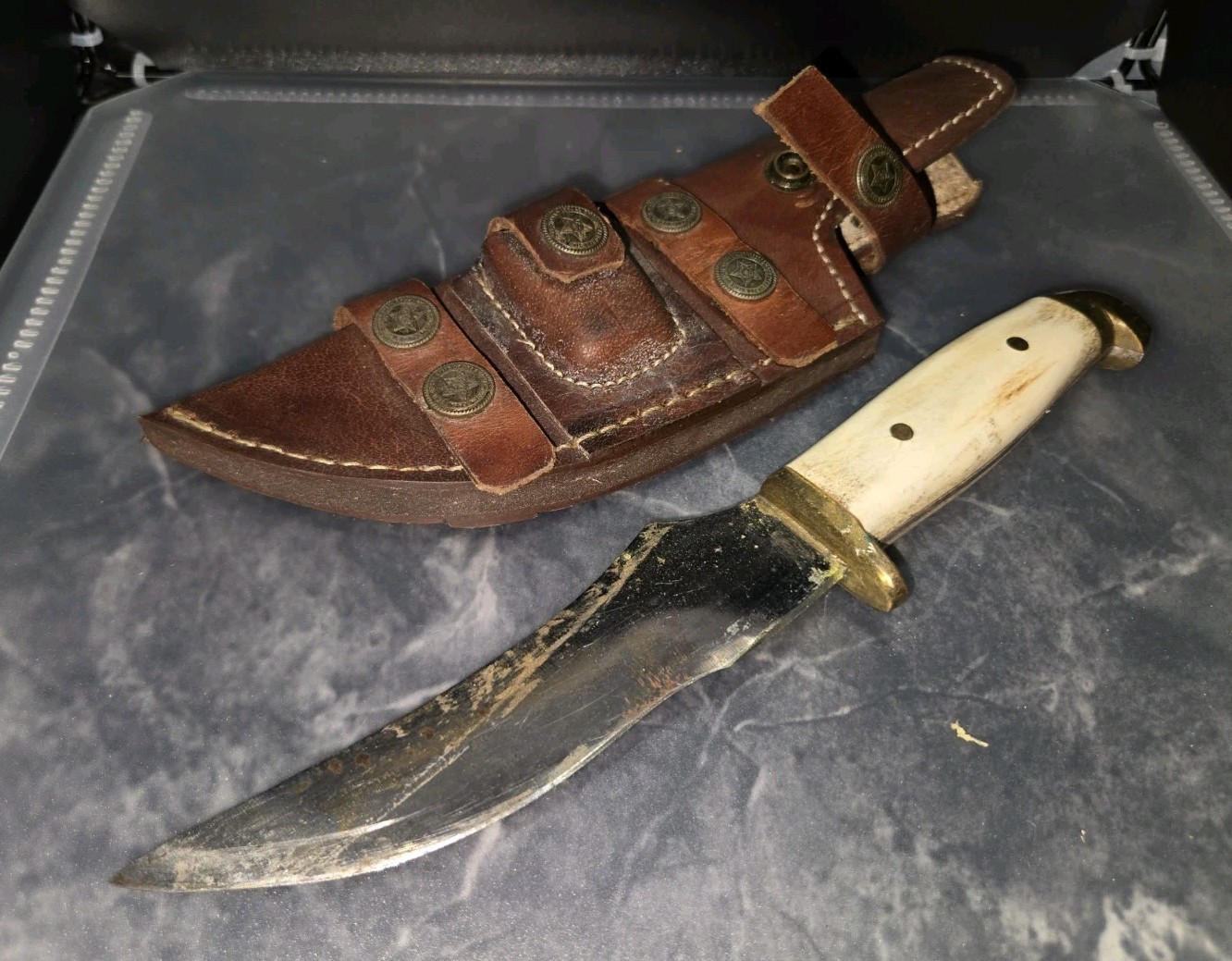 GREAT SEAL OF THE STATE OF OKLAHOMA 1907 BUTTONS KNIFE & SHEATH BOWIE KNIFE