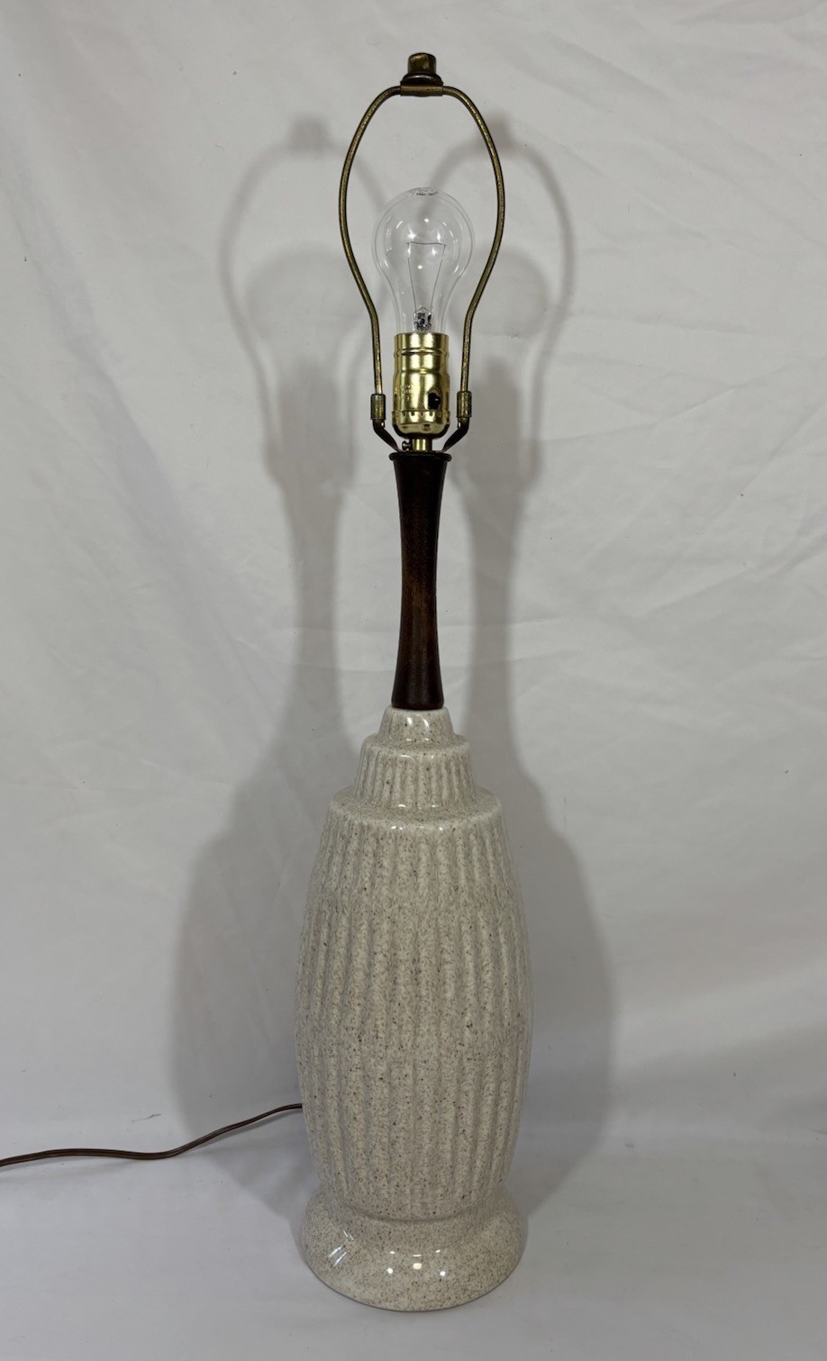 Vintage Mid Century Modern Danish Style Speckled Ceramic & Teak Table Lamp
