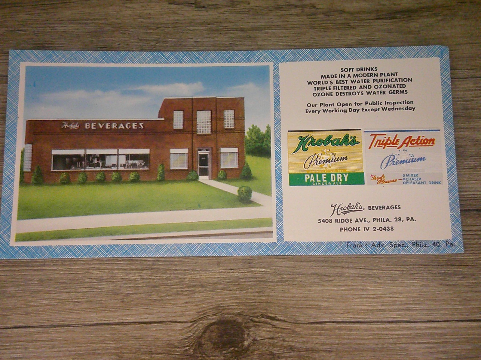 VTG advertising ink blotter Krobak's beverages Phil. PA. manufacturing 10E VTG advertising ink blotter Krobak's beverages Phil. PA. manufacturing 10E