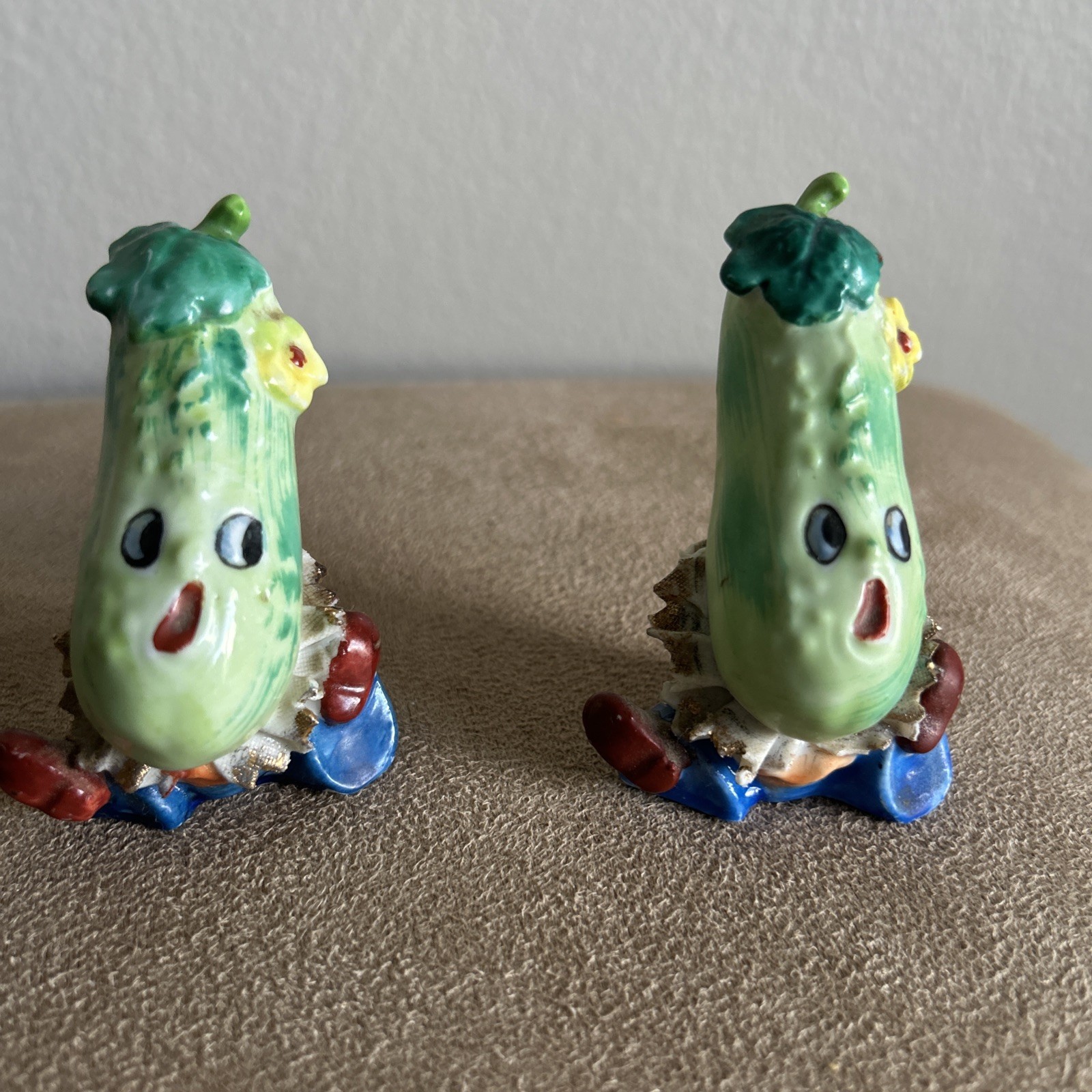 Vtg Anthropomorphic Cucumber Boys Vegetable People Salt & Pepper Shaker Set 