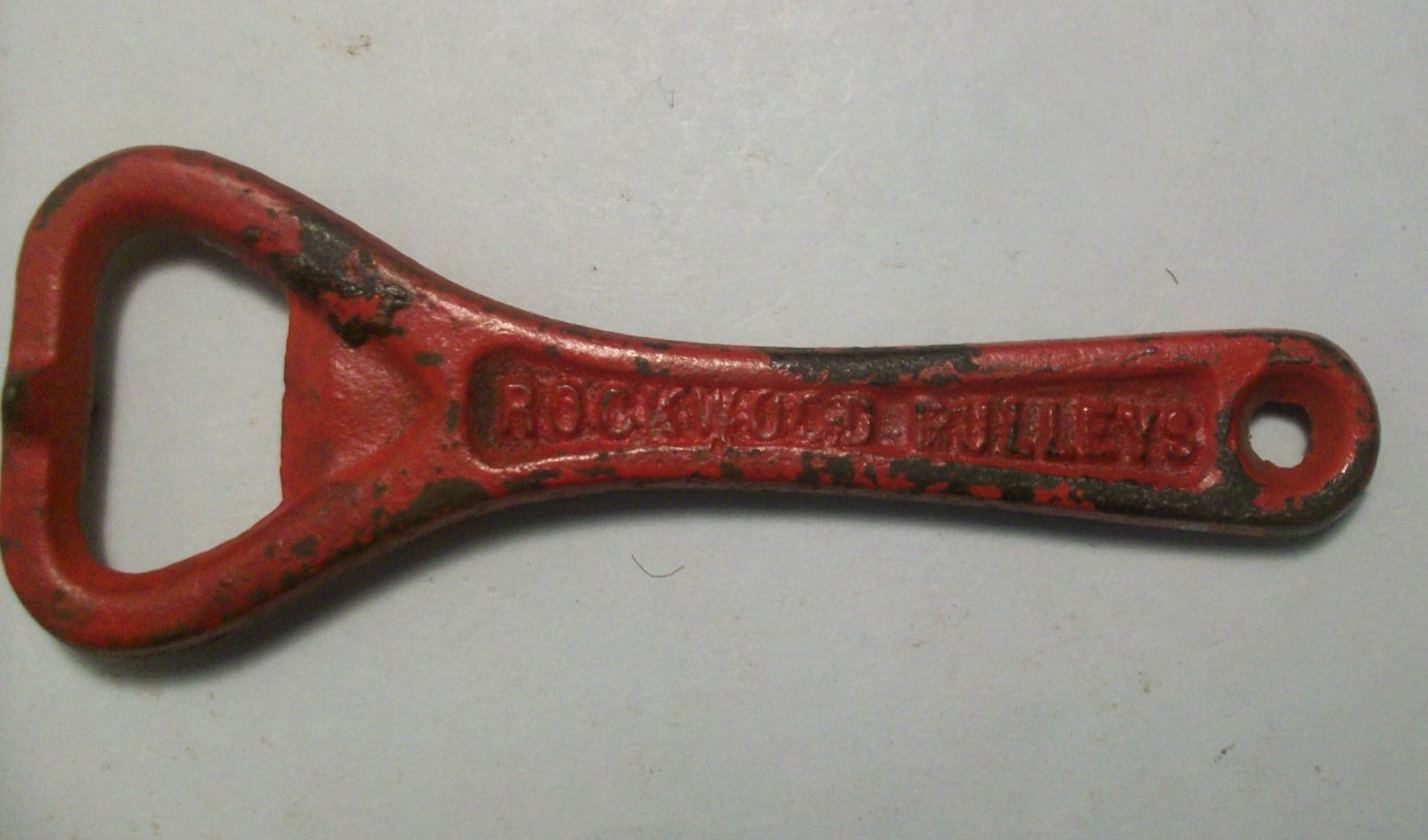 Antique 1890-1920's cast iron ROCKWOOD DRIVES PULLEYS BOTTLE OPENER 4 Antique 1890-1920's cast iron ROCKWOOD DRIVES PULLEYS BOTTLE OPENER 4