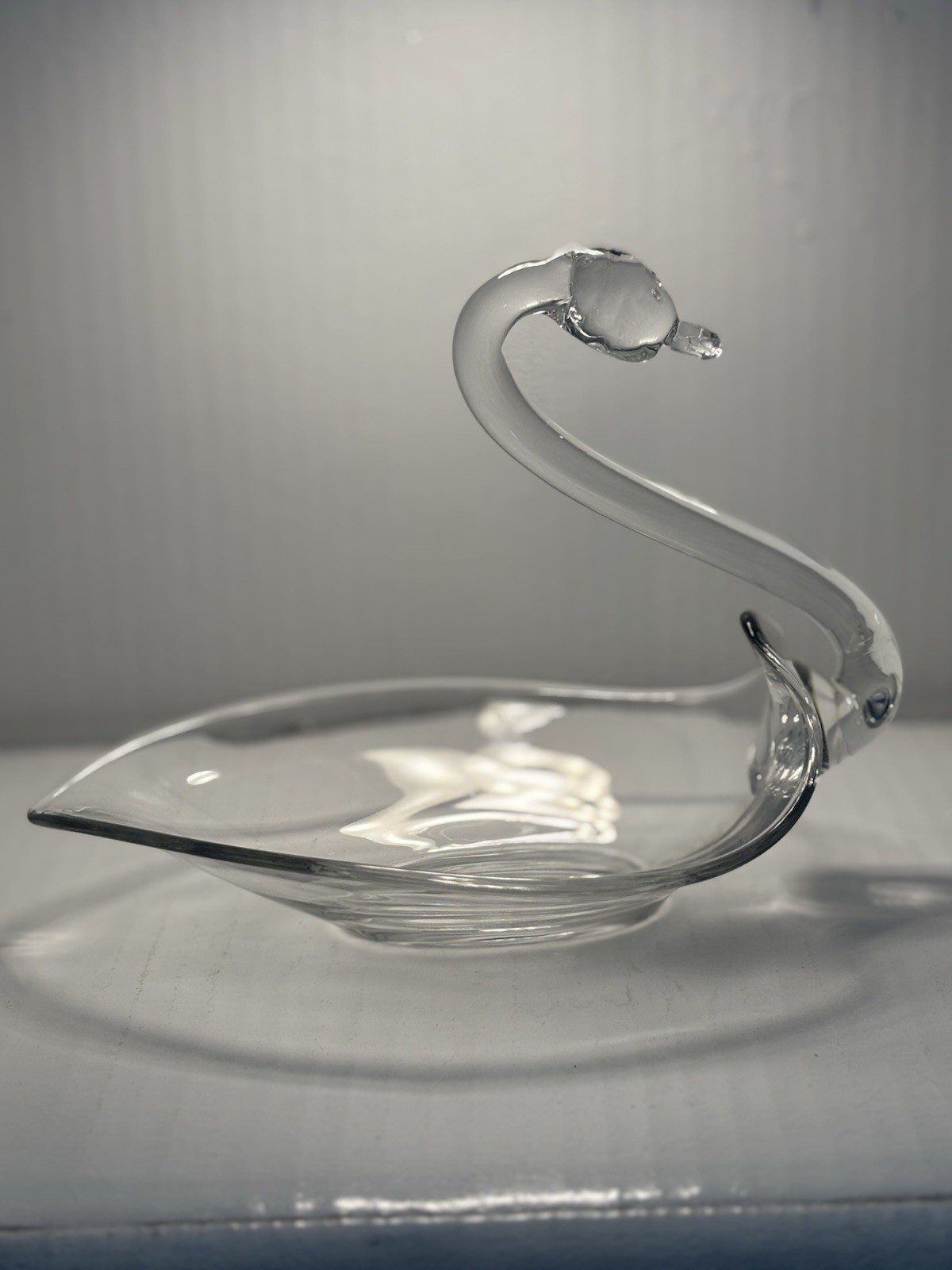 Art Glass Swan Open Bowl, Clear Glass Candy/Nut Dish, Trinket Dish