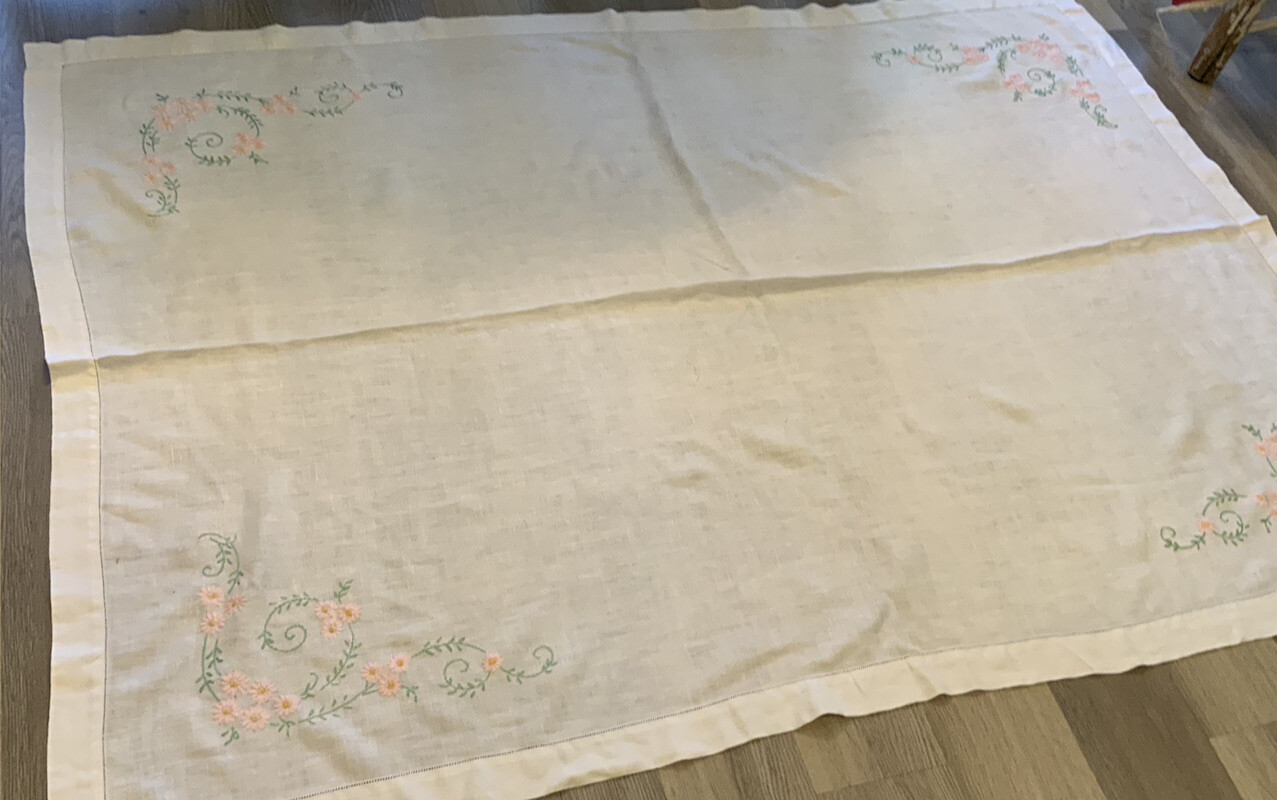 Vintage Rectangle Tablecloth, Linen, Flower & Leaf Embroidery Design, White Pink