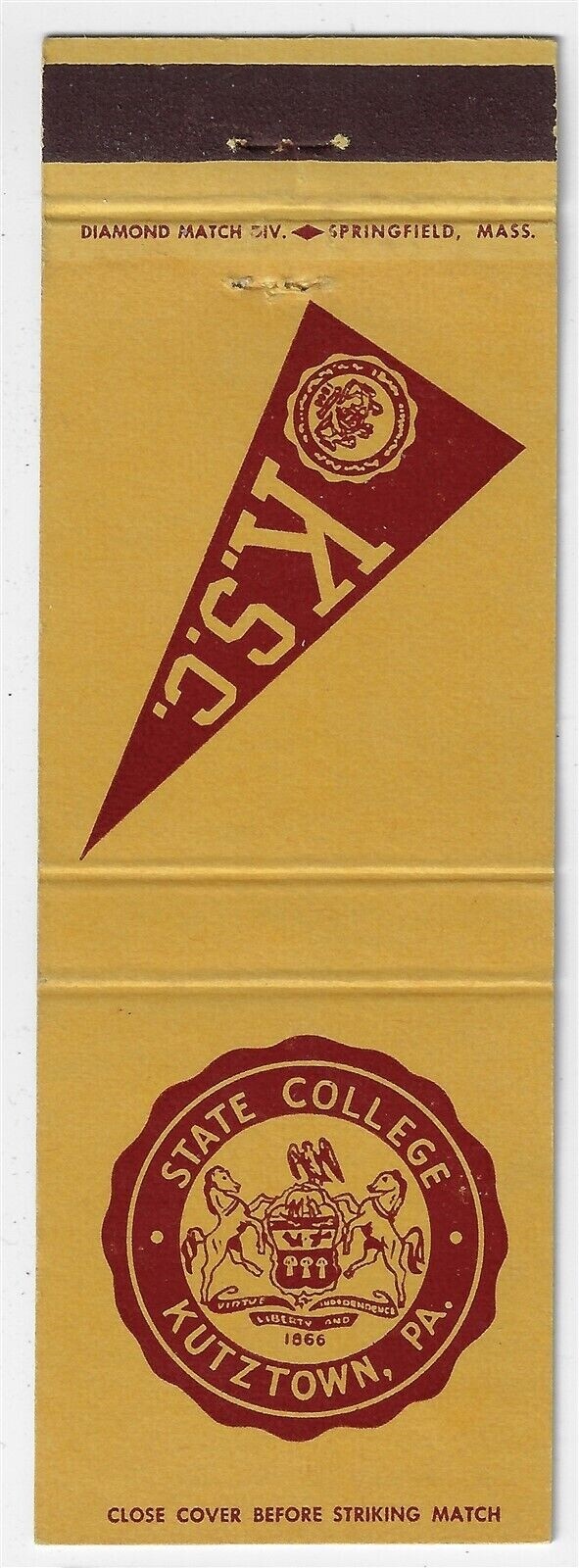 Vintage Matchbook Cover KSC Kutztown State College Pa. Diamond 1881 present