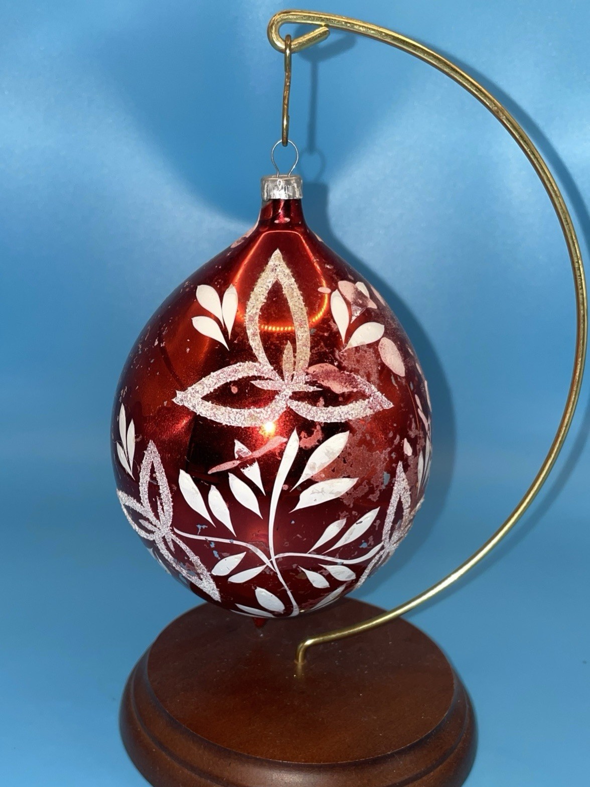 Vtg Jumbo Mercury Glass Red Teardrop Floral Mica Christmas Ornament 5.5”