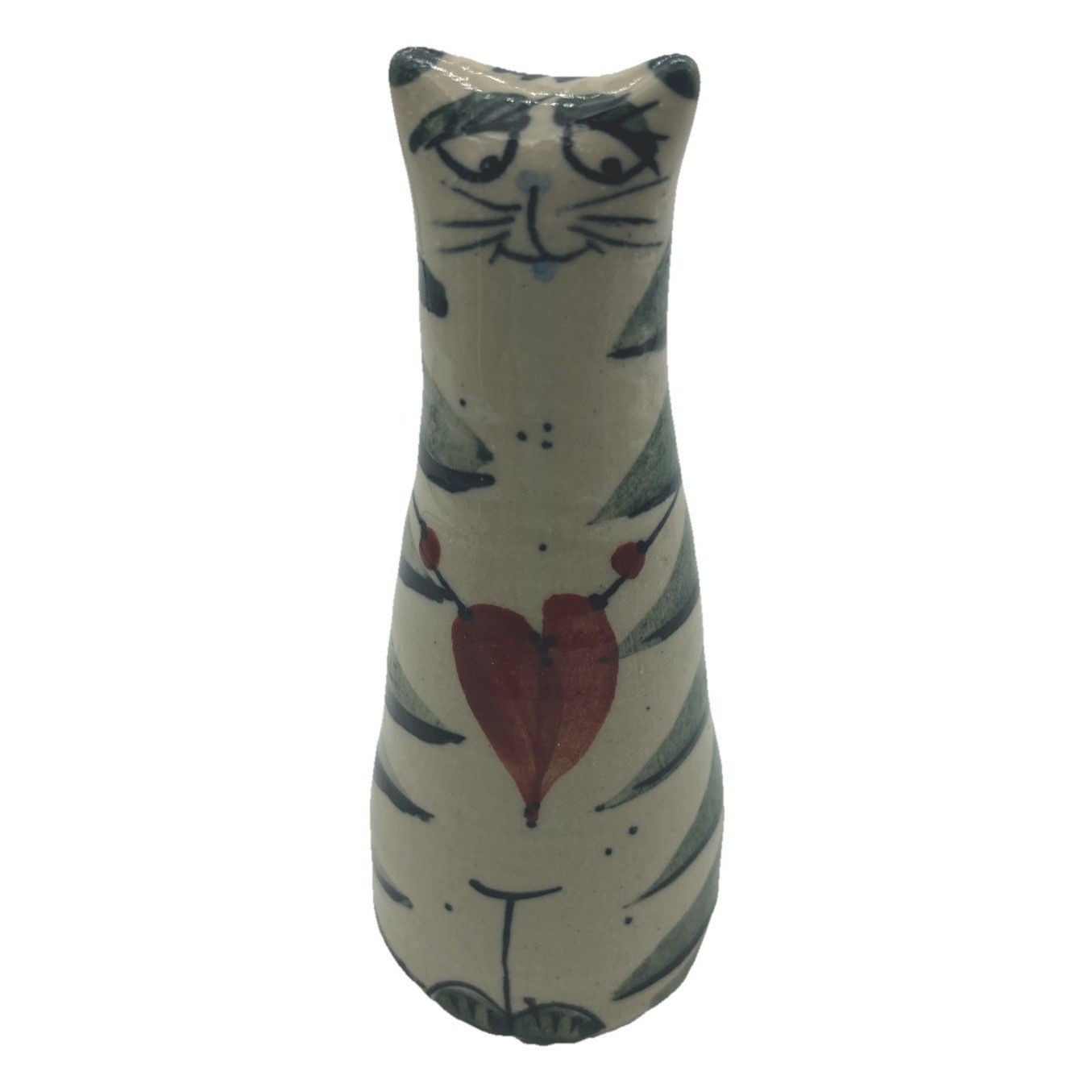 Smiling Cat Figure Vintage Art Ceramic Stripes w/Heart Necklace Whimsy Signed 4\ Smiling Cat Figure Vintage Art Ceramic Stripes w/Heart Necklace Whimsy Signed 4\