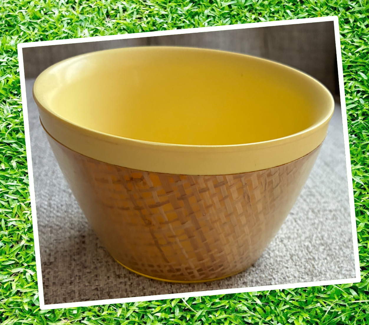 YELLOW Raffiaware by Thermo-Temp Rattan Burlap Bowl Melamine 🟥 MCM Mid Century