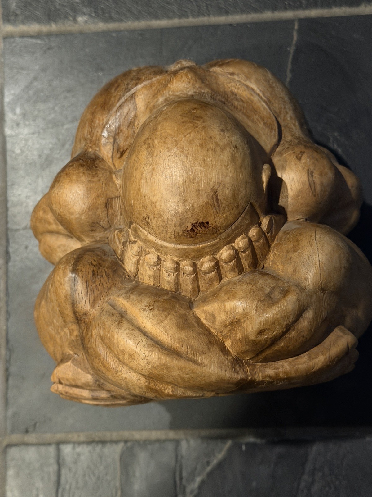 Vintage Weeping Buddha Hand Carved Wood Sculpture (Big and Heavy) 8x8x8 and 5lbs