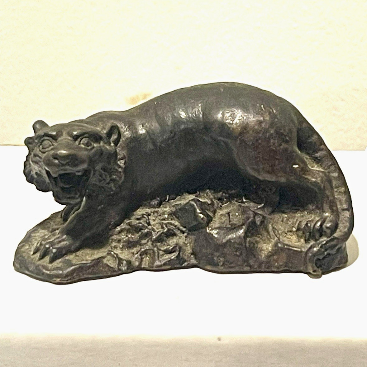 Antique French Animalier Style Bronze Panther Crouching Cat Statue Solid Heavy