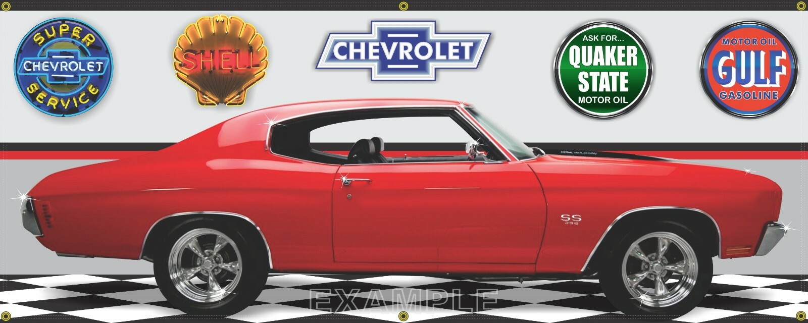 1970 CHEVY CHEVROLET CHEVELLE SS RED BLACK CAR GARAGE SCENE BANNER SIGN MURAL