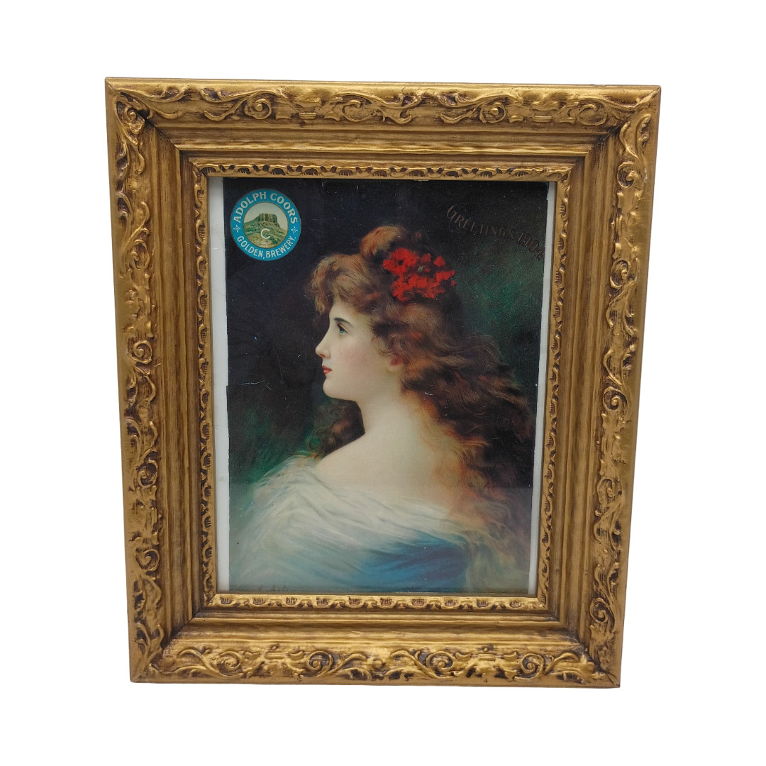 Vtg Adolph Coors Golden Brewery Greetings 1904 Lady Litho Print Gilt Frame