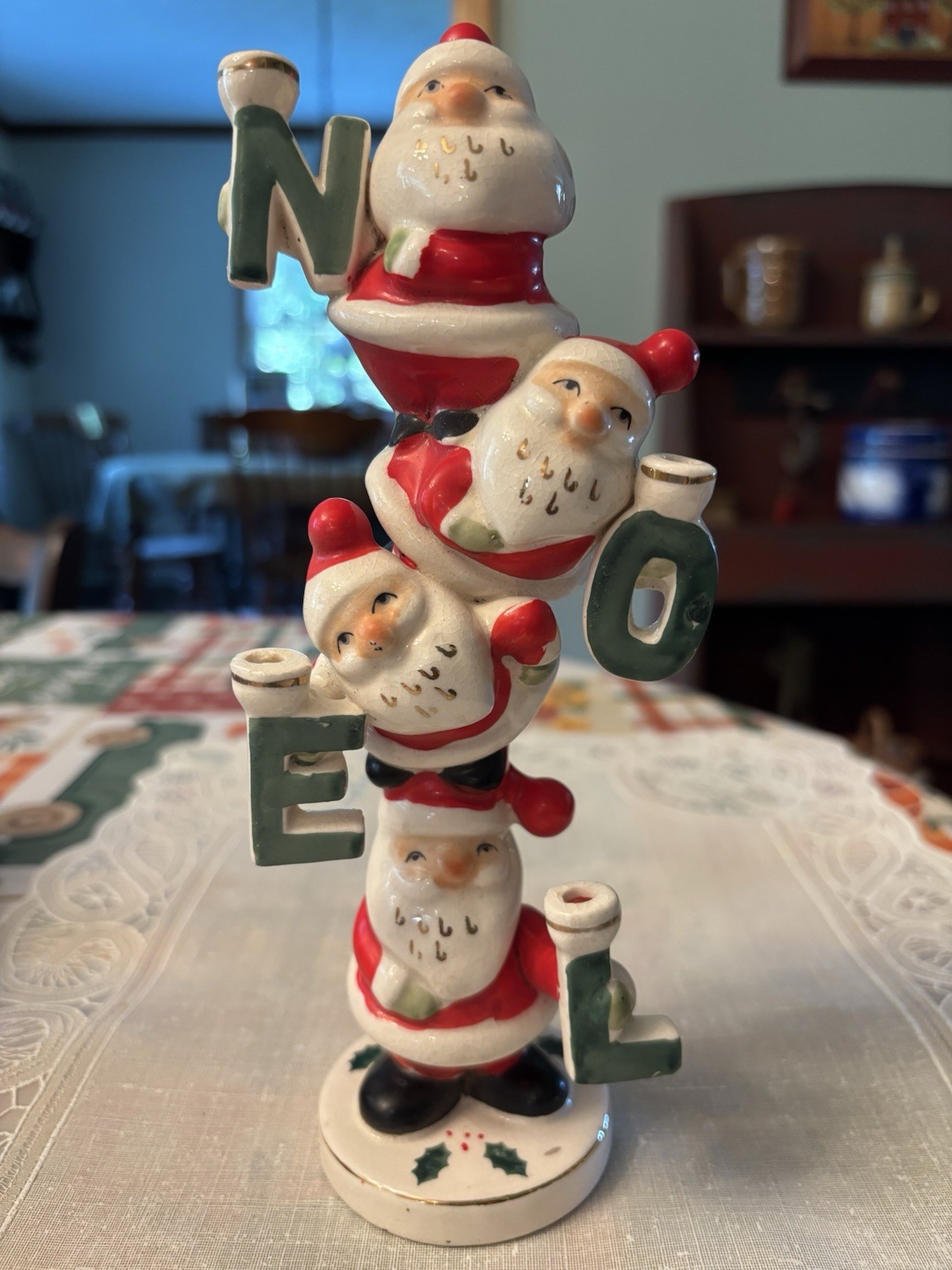 Vintage MCM Ceramic Brinnco Stacked Santa NOEL Totem Pole Candelabra Figurine