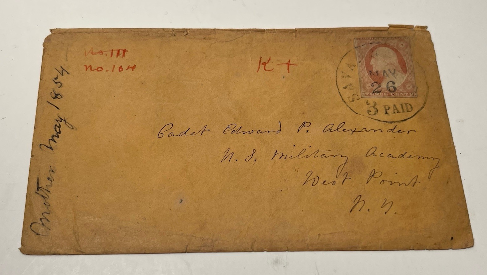 Confederate General Edward P. Alexander's Mother Mailed Envelope 1854 to West Pt