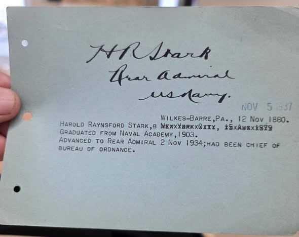AUTOGRAPH -- Admiral Harold Raysford Stark -- Chief of Navel Operations on Dec.7