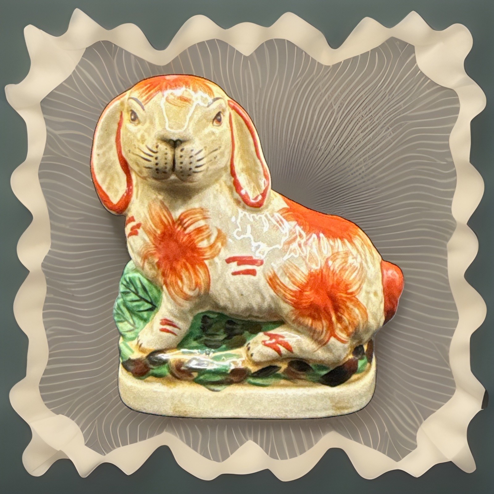 Staffordshire Style Rabbit Figurine Rust Orange, Floral Lop Ear Bunny Cain Hall Staffordshire Style Rabbit Figurine Rust Orange, Floral Lop Ear Bunny Cain Hall