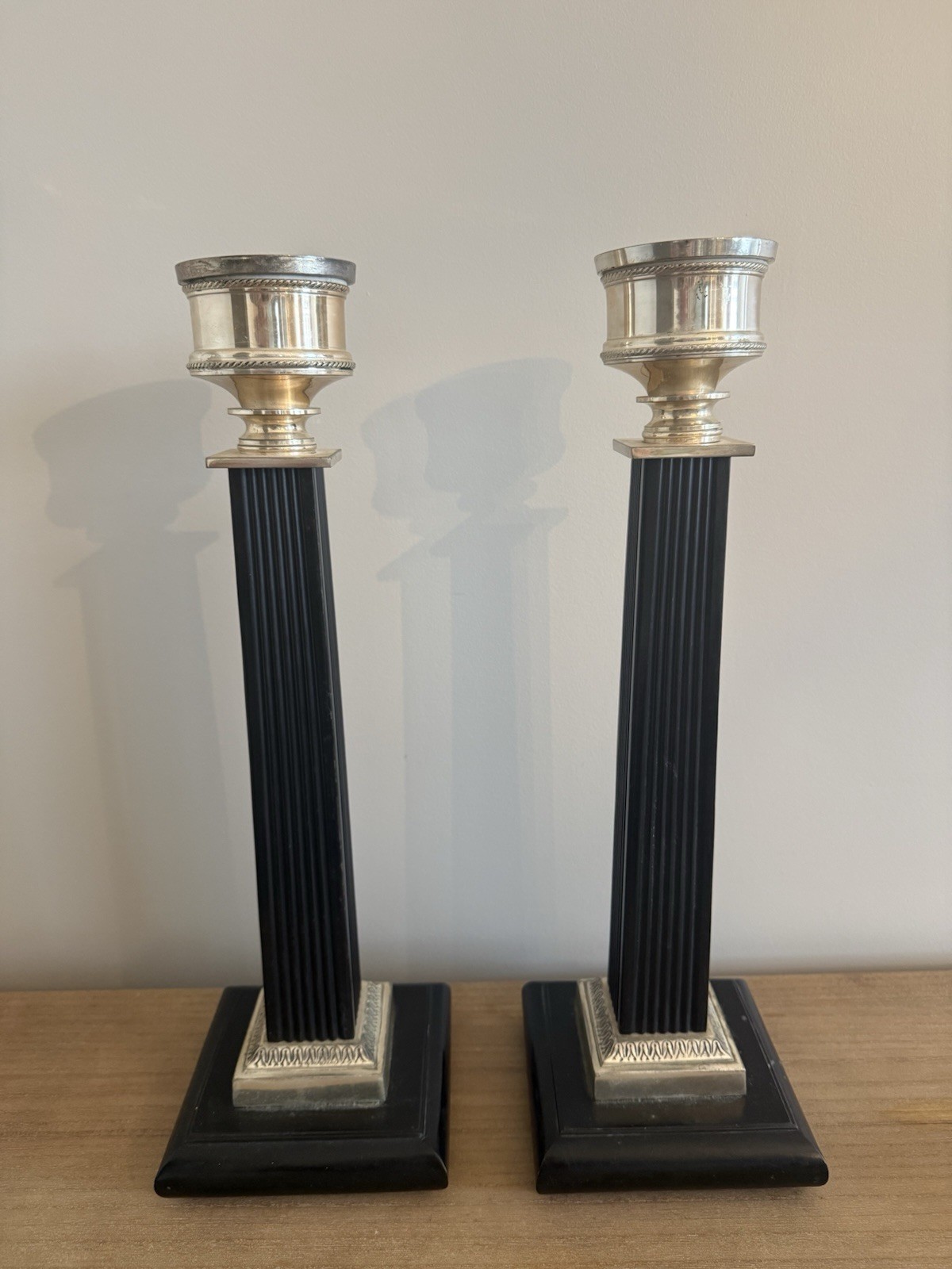 John-Richard JRA-7259 Pair Black Fluted Column Silver Urn Candlesticks