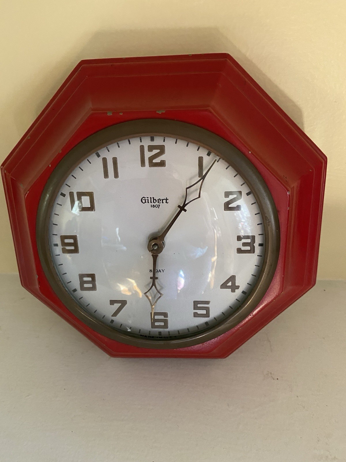 1930’s Gilbert 1807 Eight Day Octagon Wall Clock~Bright Red Frame~Runs